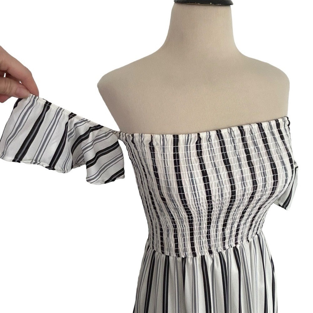 ALTAR'D STATE New Black White Stripe MAXI DRESS S Off Shoulder Smocked  preppy - Picture 11 of 15